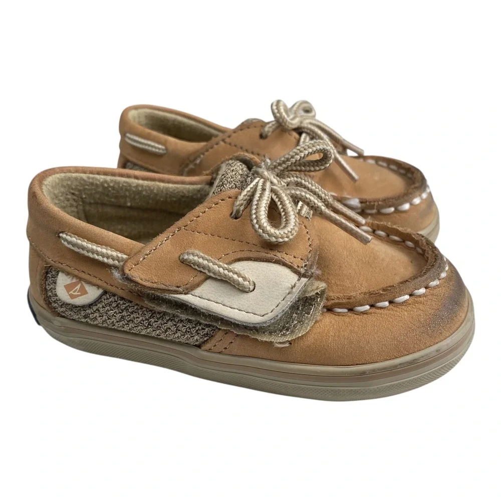 Sperry Bluefish Crib Jr‎ Tan Boat Shoes Toddler Kids US 4M Leather Upper